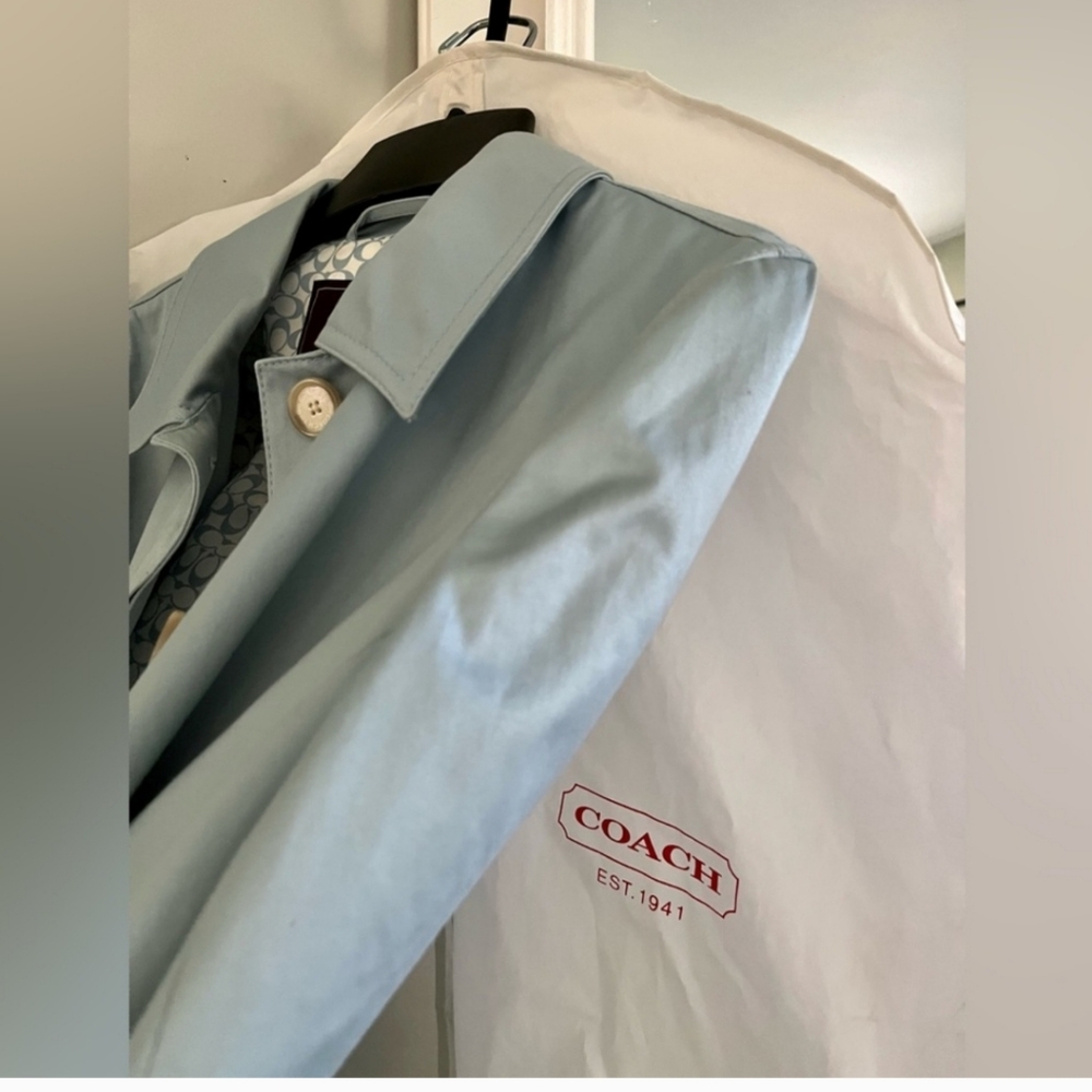 COACH Sateen Walking Trench Coat Baby Blue Overcoat w/ Signature Logo Lining